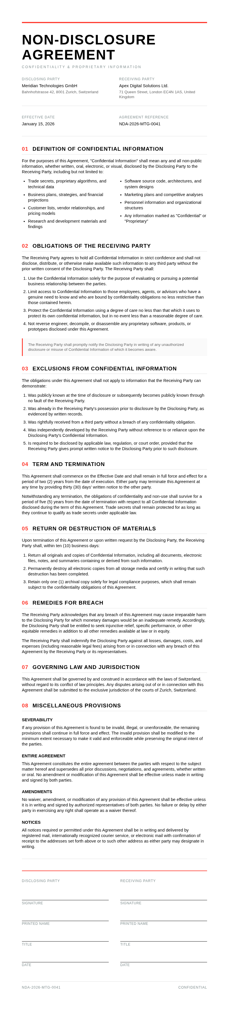 Swiss international Non Disclosure Agreement